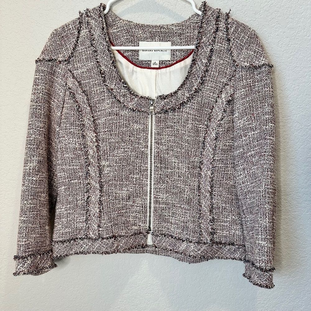 Banana Republic Navy, Red, Cream Tweed Cropped Blazer Jacket - Size 8 - EUC